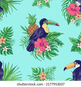 Vector summer seamless pattern with toucan, palm leaves, pineapple, hibiscus and plumeria. Tropical bouquet flowers. It can be used for websites, packing of gifts, fabrics, wallpapers. 