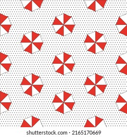 Vector summer seamless pattern with umbrellas. For paper, cover, fabric, gift wrap, interior. Flat 3d style beach umbrella and wavy striped background. Trendy design concept for summer