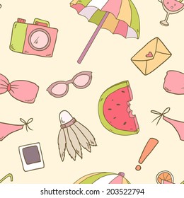 Vector summer seamless pattern with watermelon, umbrella, sunglasses,camera, swimsuit