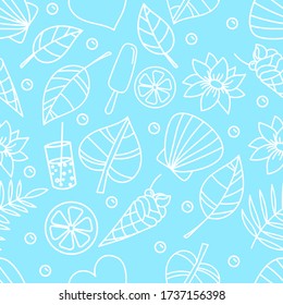 Vector summer seamless pattern. White summer elements on blue background. Modern vector flat image design isolated on blue background.