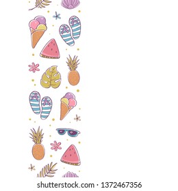 Vector summer seamless vertical border. Handdrawn color element on white. Ice-cream, sunglasses, flower, pineapple, shell, watermelon, flipflops, leaf, seaweed. Web background, wallpaper, card design.