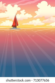 Vector summer seascape. Red sailboat, deep calm sea and sunset sky with cumulus clouds. Nature illustration.