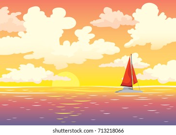 Vector summer seascape. Red sailboat, calm sea and sunset sky with cumulus clouds. Nature illustration.