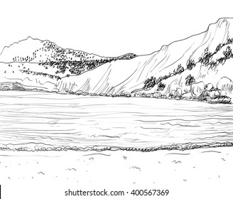 Vector summer seascape sketch.  Rocky shore, lapped by the surf