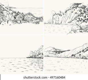 Vector summer seascape sketch  Rocky shore  lapped by the surf