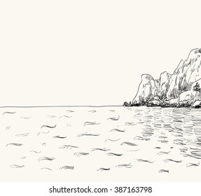 Vector summer seascape sketch.  Seaside view and mountain