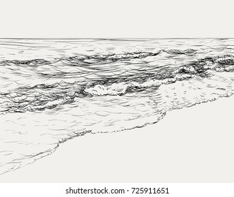 Vector Summer Seascape Sketch. Seaside View And Beach