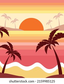 Vector summer seascape with sunset and palm trees silhouette