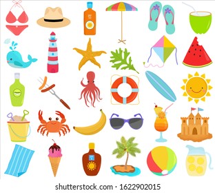 Vector of Summer season set, seasonal decoration theme in flat design illustration. Bundle of cute colorful icon collection isolated on white background.