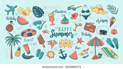 Vector summer set. Accessories for beach holidays by the sea. Flat design Illustration for ads, web, flyers, and banners. Set of cartoon icons. Summer fruits, food, transport and clother.	