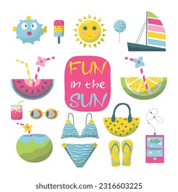 Vector summer set with accessories, swimsuit, slippers, cocktails, ice cream, ship, fish, player.