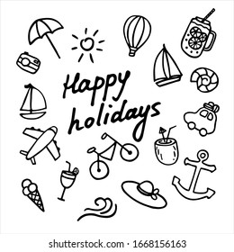 Vector summer set with baloon, shell, yacht, hat, car, bycicle, airplane, coctail, camera, umbrella, coconut. Bright stickers collection. Trendy patches pins badges