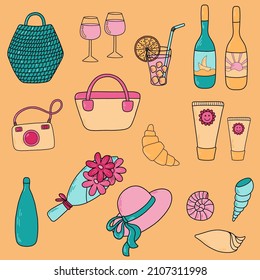 Vector summer set: basket, wine glasses, cocktail, bottle, sunscreen, croissant, bag, camera, flower, hat, shells. Nice illustration for icon, sticker, your design. 