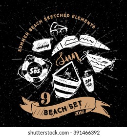Vector summer set -  beach set in trendy sketched style.  Black background  