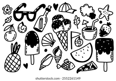 Conjunto de verano de Vector. Vacaciones de verano en la playa. Días festivos. Dibujado a mano doodle ilustración