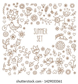 Vector summer set with birds and plants. Doodle contour images no fill.