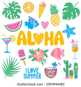 Vector summer set with cartoon elements, monstera, tropical leaves, coconut, ice cream, pineapple, cocktails, fish, exotic flowers. Bright summer stickers collection. Trendy patches pins badges. 