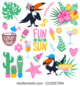 Vector summer set with cartoon toucan, monstera, tropical leaves, coconut, ice cream, pineapple, cocktails, fish, exotic flowers. Bright summer stickers collection. Trendy patches pins badges