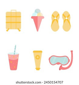 Vector summer set of clothes, food, beach elements, summer cosmetics, swimming mask, simple style, pastel color, doodle style, for paper print, fabric, logo