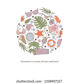 Colección vectorial de verano aislada en un fondo blanco con gafas de sol, palmeras, hojas tropicales, cóctel, etc.