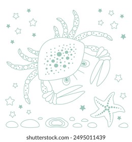 Vector summer set. Crab and starfish in outline style. Marine collection. Suitable for baby prints, baby decor, wallpaper, wrapping paper, stationery, scrapbooking, etc.