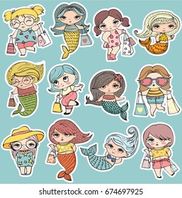 Vector summer set with cute fashion mermaids and cute shopping girls