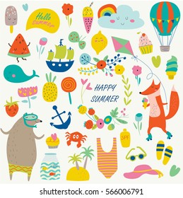 Vector summer set with cute summer illustrations in cartoon style