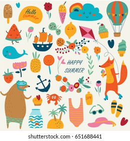 Vector summer set with cute summer illustrations in cartoon style