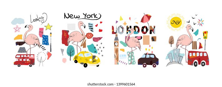 Vector summer set with flamigo, London, New York. Hand drawn stickers design.
