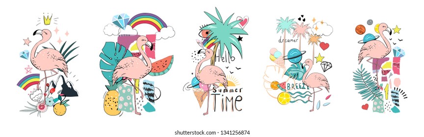 Vector summer set with flamigo, palm, fruit, ice cream, lettering. Hand drawn stickers design 