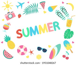 Vector summer set in flat style. A frame made of elements of a beach holiday with the inscription summer. Isolated on a white background. Travel and Holidays Stickers
