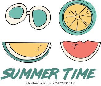 Vector summer set of four elements. Sunglasses, watermelon, melon, lemon.