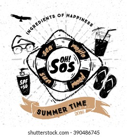 Vector summer set - ingredients of happiness in trendy sketched style.  White background    