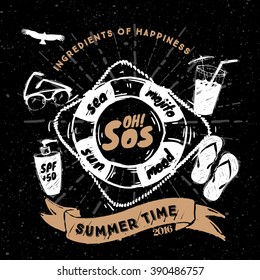 Vector summer set - ingredients of happiness in trendy sketched style. Black background    