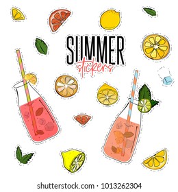 Vector summer set with lemonade jar, lemons, mint, ice cubes and oranges. Fresh liquid stickers. Advertising details. Healthy sweet home made drinks. Colorful icons