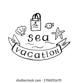 Verano vectorial y letras "vacaciones marítimas". Con la imagen de una estrella de mar, bolsas para la playa, erizo de pescado y concha. Para colorear, pegatinas, imprimir en tela, tarjetas, carteles.