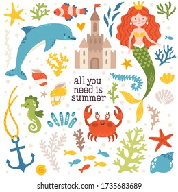 Vector summer set with mermaid, sand castle, dolphin, crab, shells, seaweed and sea stars. Sea sticker collection with underwater cartoon characters. Colorful childish poster. Summertime design.