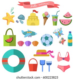 Vector summer set objects in flat style. Sea star, shells, hat, ice cream, watermelon, butterfly, swimsuit, lifebuoy. 
