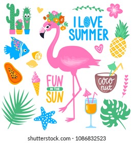 Vector summer set with pink flamingo, monstera, tropical leaves, cactus, ice cream, papaya, cocktails, fish, pineapple, coconut. Bright summer stickers collection. Trendy patches, pins, badges.