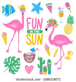 Vector summer set with pink flamingo, monstera leaf, tropical leaves & flowers, ice cream, cocktails, fish, pineapple, coconut, watermelon. Bright stickers collection. Trendy patches, pins, badges.