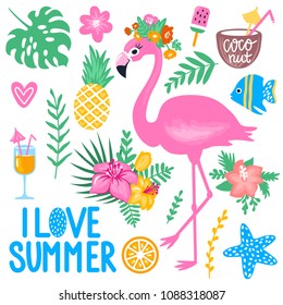 Vector summer set with pink flamingo, monstera leaf, tropical leaves & flowers, ice cream, cocktails, fish, pineapple, coconut. Bright stickers collection. Trendy patches, pins, badges.