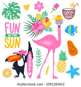 Vector summer set with pink flamingo, monstera leaf, tropical leaves & flowers, ice cream, toucan, fish, pineapple, coconut. Bright stickers collection. Trendy patches, pins, badges.