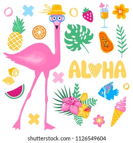 Vector summer set with pink flamingo, monstera leaf, tropical leaves flowers, ice cream, toucan, fish, pineapple, coconut. Bright stickers collection. Trendy patches pins badges