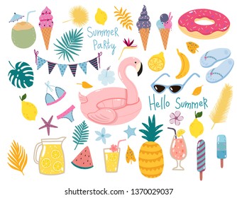 Vector summer set with pool floats, cocktails, tropical fruits, ice creams, palm leaves. Collection of elements for the beach party.