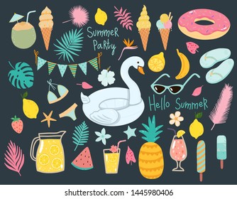 Vector summer set with pool floats, cocktails, tropical fruits, ice creams, palm leaves. Collection of elements for the beach party.