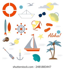 Vector summer set, sea and ocean elements, yacht and seagull, beach clothes, paddle, anchor and steering weel. Stickers for Hawaiian, Aloha party.
