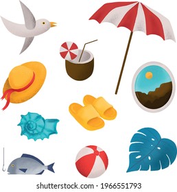 Vector summer set seagull, beach umbrella, cocktail in coconut, straw hat, airplane window, seashell, monstera, ball, fishing, flip flops in red, white, green and blue colors
