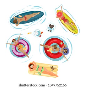 Vector summer set sGirls with dogs swim and sunbathe on an inflatable mattress, surfboard and inflatable circles. Isolated objects on a transparent background.