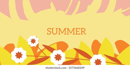 Verão vetorial definido para mídias sociais, para cartões de saudação, impressões, ajuda, fundo. Fundo floral brilhante do verão com plantas vibrantes e flores decorativas coloridas. Imagem vibrante com tema de verão.