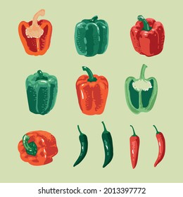 Verano vectorial conjunto de pimientos dulces y calientes aislados en fondo verde